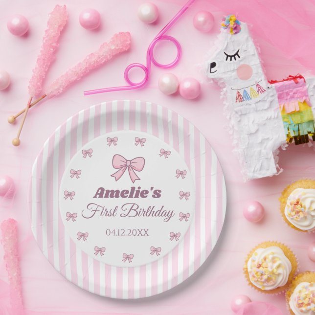 Plato De Papel Cumpleaños con lazo rosa adorable  (Fiesta)