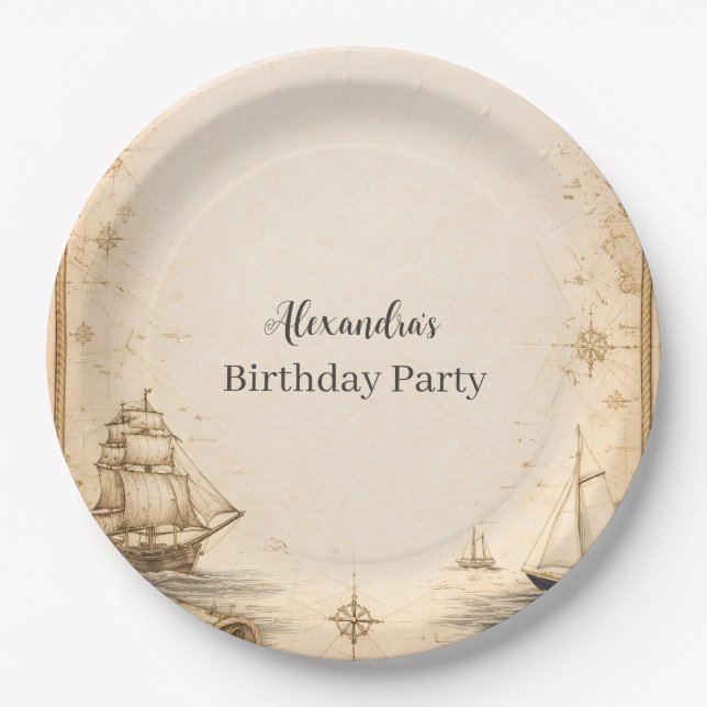 Plato De Papel Cumpleaños con mapa náutico antiguo (Anverso)