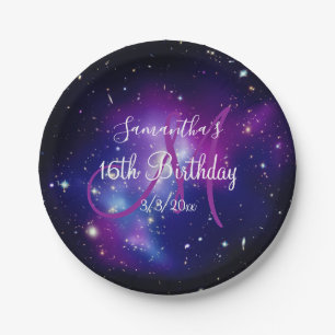 Plato De Papel Cumpleaños con Monograma Celestial Púrpura