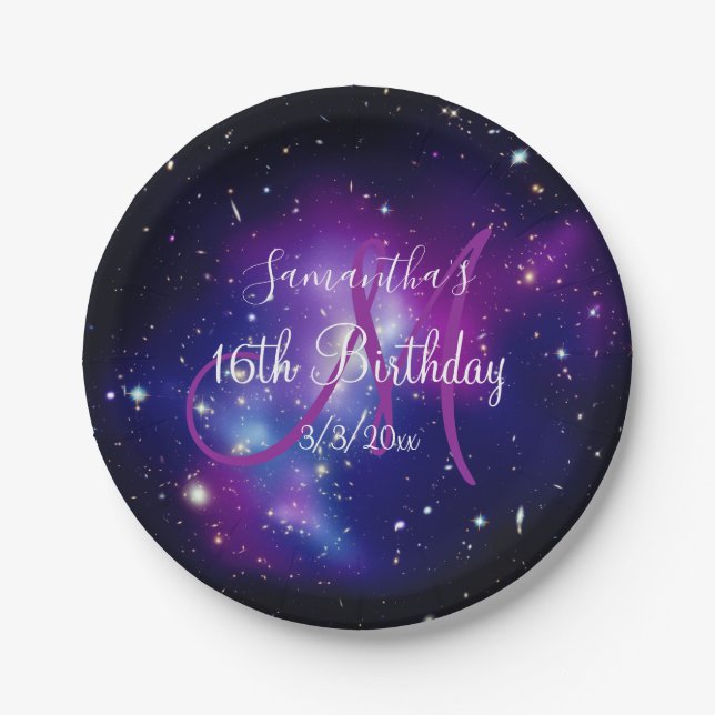 Plato De Papel Cumpleaños con Monograma Celestial Púrpura (Anverso)