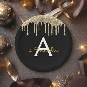 Plato De Papel Cumpleaños con Monograma de Brillo Dorado y Negro
