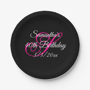 Plato De Papel Cumpleaños con monograma elegante en negro, blanco
