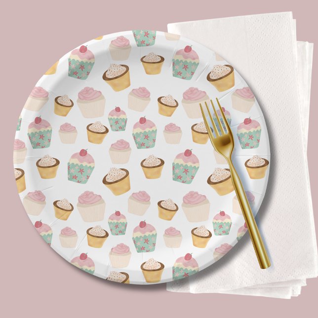 Plato De Papel Cumpleaños con patrón de magdalena (Cupcake paper plates)