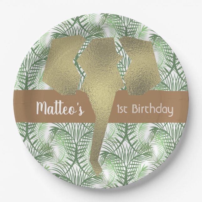 Plato De Papel Cumpleaños con tema de safari con elefante de lámi (Anverso)