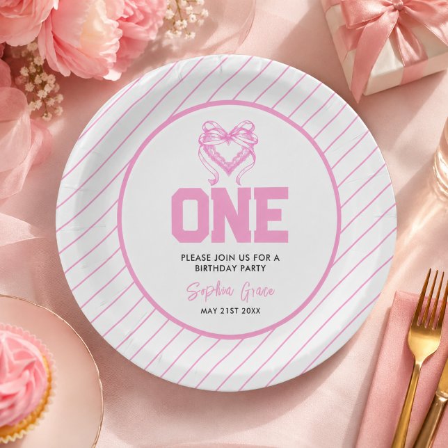 Plato De Papel Cumpleaños Coquette con Lazo Rosa Adorable (Cute Pink Bow Coquette 1st Birthday Paper Plates)