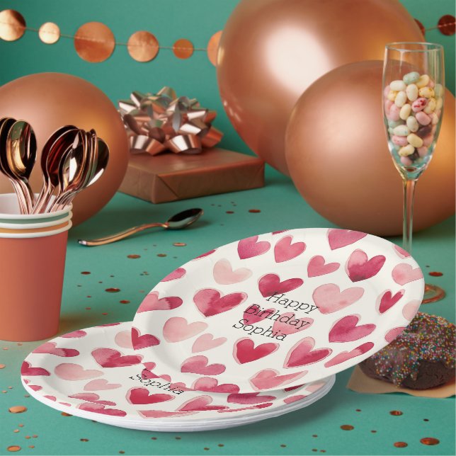 Plato De Papel Cumpleaños Corazones Rosados Rojos   (Multi)