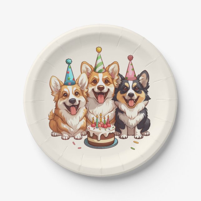 Plato De Papel Cumpleaños Corgi Dogs (Anverso)