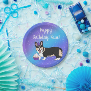 Plato De Papel Cumpleaños Corgis Azul Y Púrpura