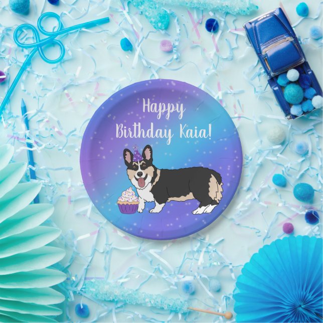 Plato De Papel Cumpleaños Corgis Azul Y Púrpura (Fiesta)