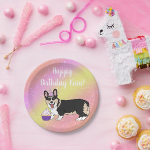 Plato De Papel Cumpleaños Corgis rosa y naranja