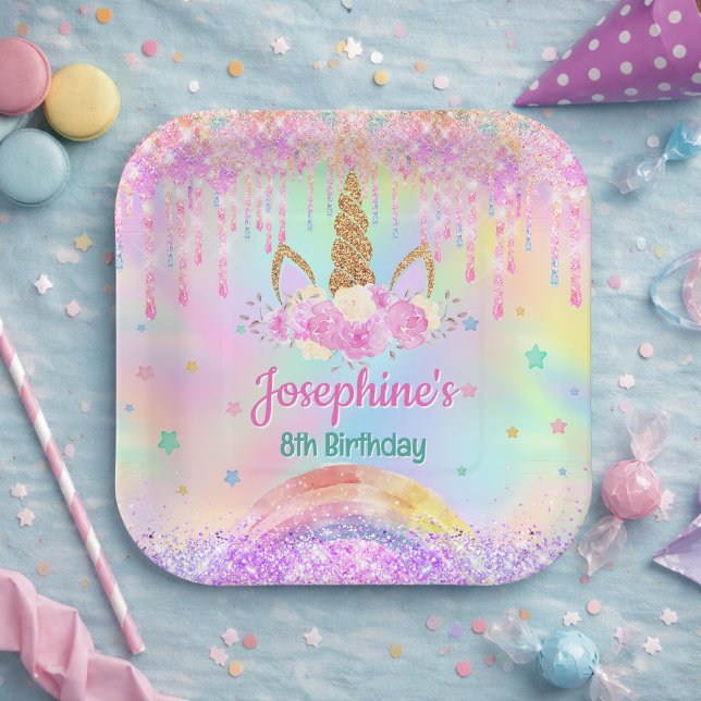 Plato De Papel Cumpleaños cuadrado arcoíris unicornio rosa aqua (Subido por el creador)