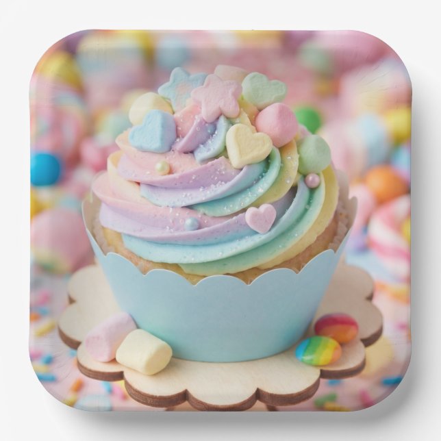 Plato De Papel Cumpleaños Cupcake Arcoíris Malvavisco Pastel (Anverso)