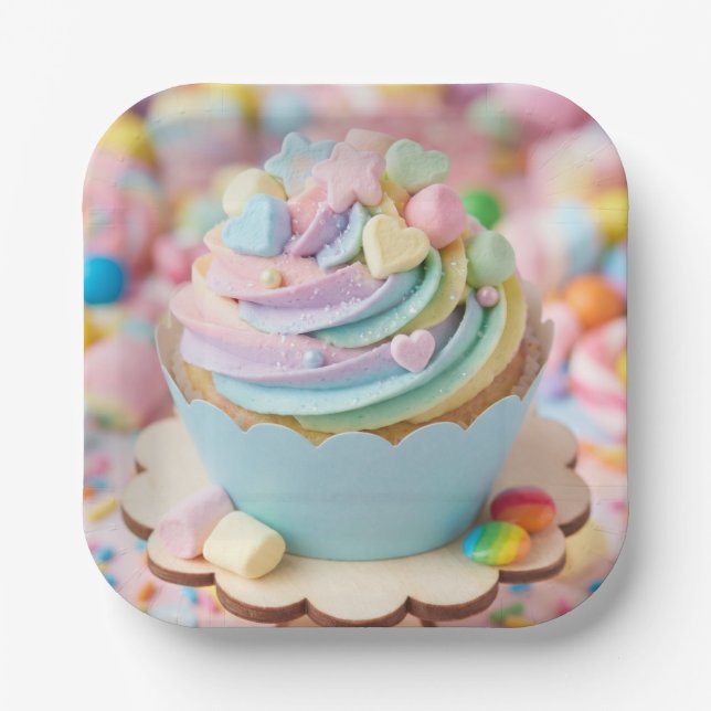 Plato De Papel Cumpleaños Cupcake Arcoíris Malvavisco Pastel (Anverso)