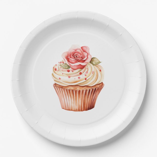 Plato De Papel Cumpleaños Cupcake Rosa Rosado Chic (Anverso)