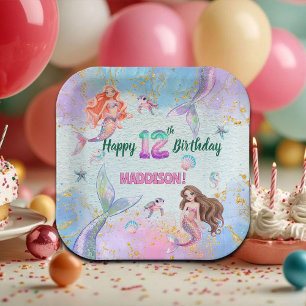 Plato De Papel Cumpleaños de 12 años de sirenas con purpurina ros