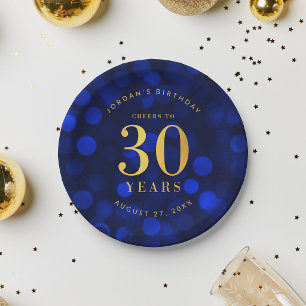 Plato De Papel Cumpleaños de 30 Años en Azul Zafiro con Bokeh Che