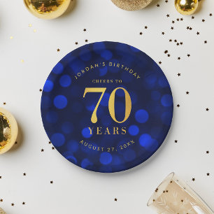 Plato De Papel Cumpleaños de 70 años en azul zafiro con Bokeh Che