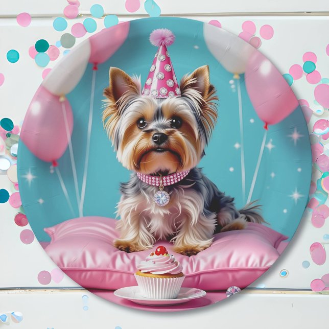 Plato De Papel Cumpleaños de adorable Yorkie rosa (Subido por el creador)