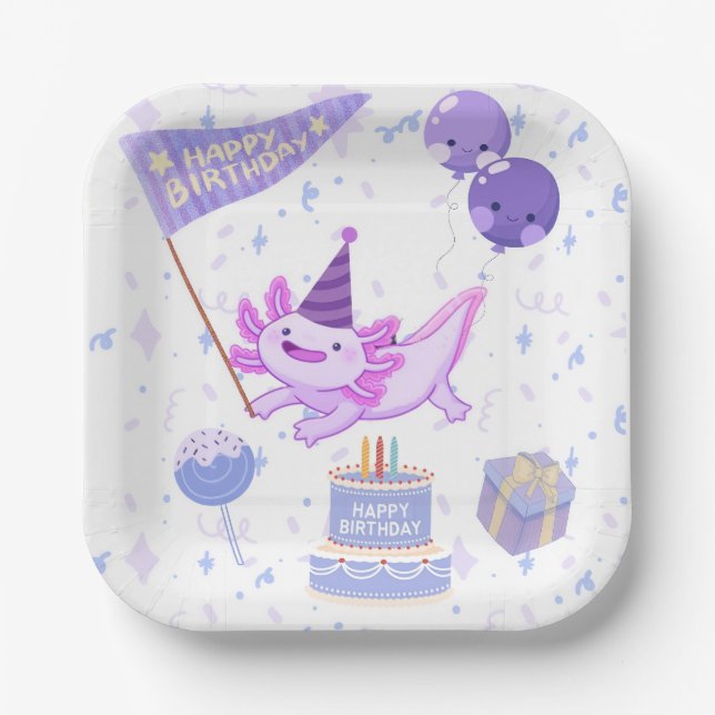 Plato De Papel Cumpleaños de ajolote lindo (Anverso)