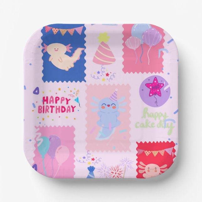 Plato De Papel Cumpleaños de ajolote lindo (Anverso)