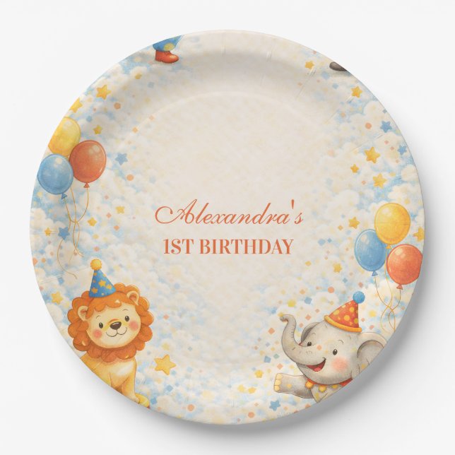 Plato De Papel Cumpleaños de amigos del circo de cuento (Anverso)