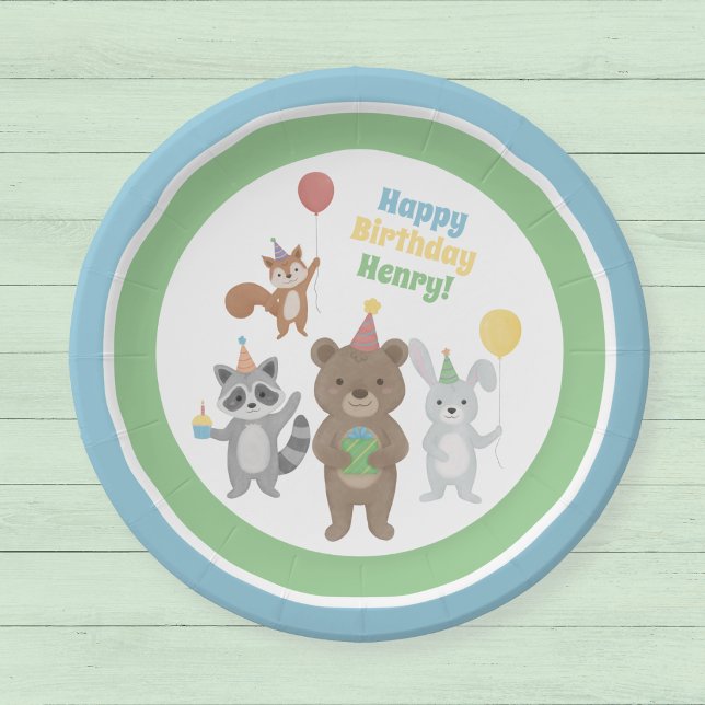 Plato De Papel Cumpleaños de Animales de Fiesta (Forest animals custom paper plate for a birthday party. Cute party animals and editable text.)