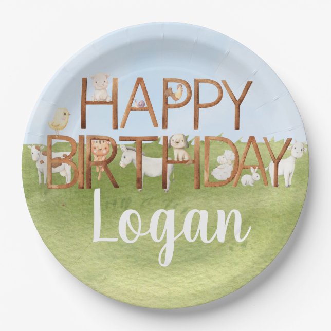 Plato De Papel Cumpleaños de animales de granja (Anverso)