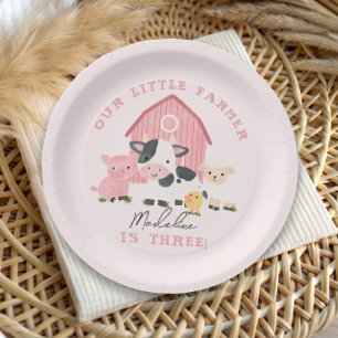 Plato De Papel Cumpleaños de animales de granja rosados para niña