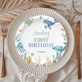 Plato De Papel Cumpleaños de Animales del Océano Bajo El Mar