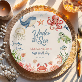 Plato De Papel Cumpleaños de Animales Oceánicos Bajo El Mar Azul