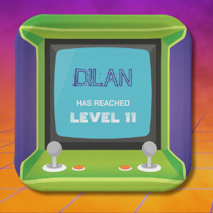 Plato De Papel cumpleaños de arcade, invitación de cumpleaños de 