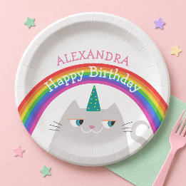 Plato De Papel Cumpleaños de arcoíris de unicornio de gato lindo