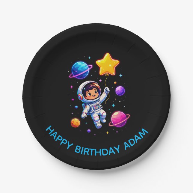 Plato De Papel Cumpleaños de astronauta explorador del espacio pe (Anverso)