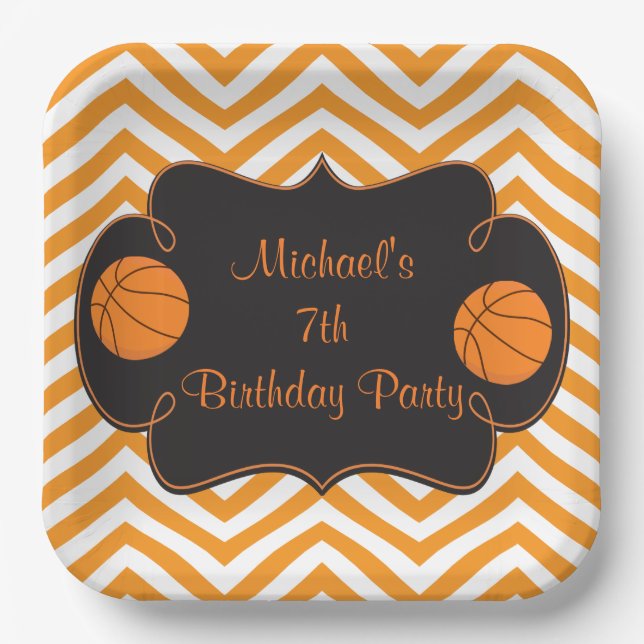 Plato De Papel Cumpleaños de Baloncesto Deportes Naranja (Anverso)