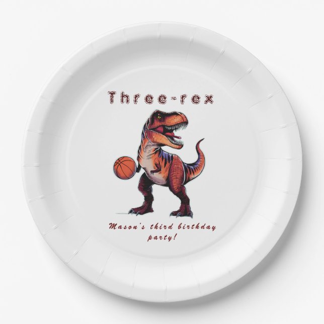 Plato De Papel Cumpleaños de baloncesto Dino Three-Rex   (Anverso)