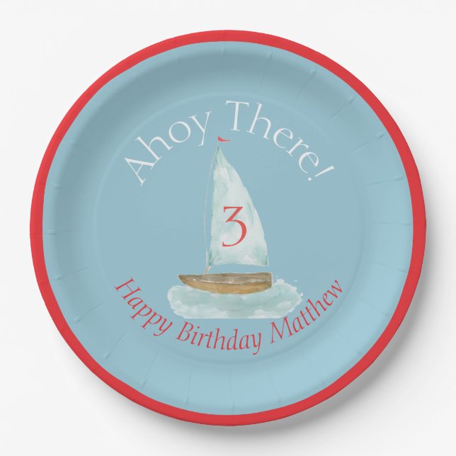 Plato De Papel Cumpleaños de barco de vela náutico acuarela (Anverso)
