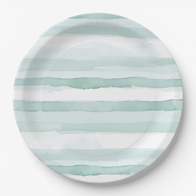 Plato De Papel Cumpleaños de Beach Aqua Mint Stripes (Anverso)