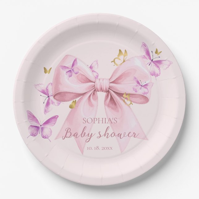 Plato De Papel Cumpleaños de bebé con lazo rosa mariposa (Anverso)