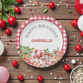 Plato De Papel Cumpleaños de bebé de cuadros rojos y cerezas