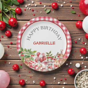 Plato De Papel Cumpleaños de bebé de cuadros rojos y cerezas