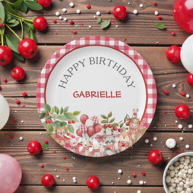 Plato De Papel Cumpleaños de bebé de cuadros rojos y cerezas (Subido por el creador)