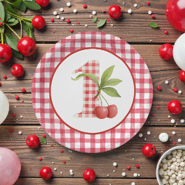 Plato De Papel Cumpleaños de bebé de cuadros rojos y cerezas