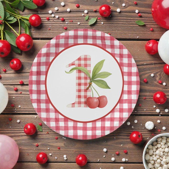 Plato De Papel Cumpleaños de bebé de cuadros rojos y cerezas (Subido por el creador)