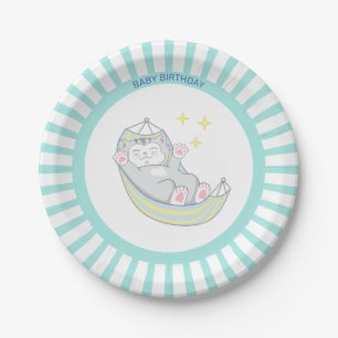 Plato De Papel Cumpleaños de bebé niño gatito en azul claro y bla