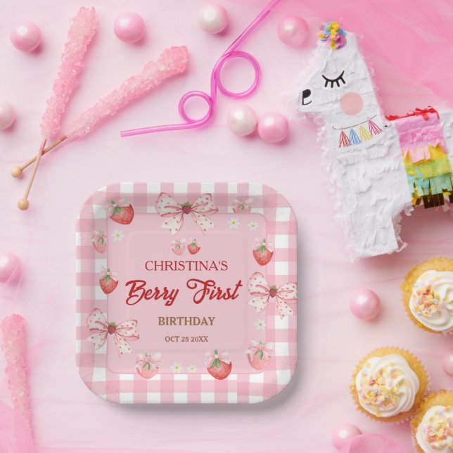 Plato De Papel Cumpleaños de Berry primero rosa fresa gingham (Fiesta)