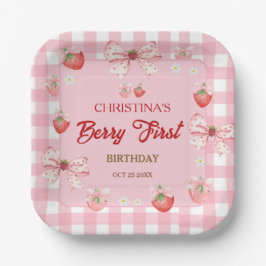 Plato De Papel Cumpleaños de Berry primero rosa fresa gingham