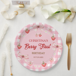 Plato De Papel Cumpleaños de Berry primero rosa fresa gingham