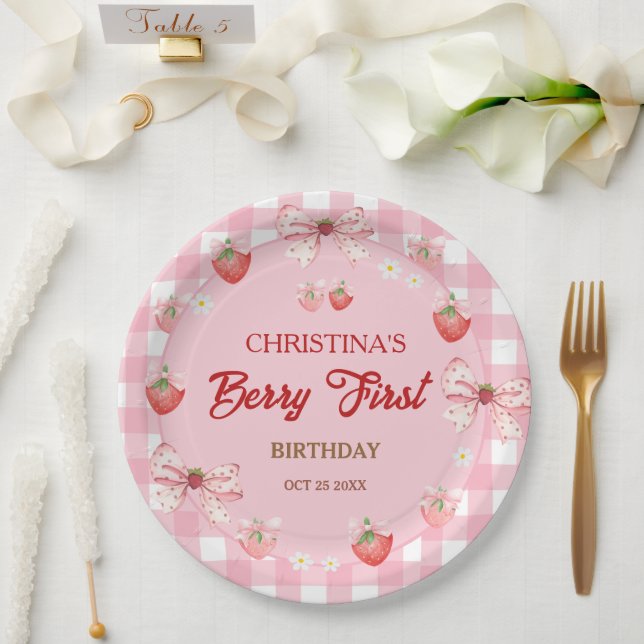 Plato De Papel Cumpleaños de Berry primero rosa fresa gingham (Boda)