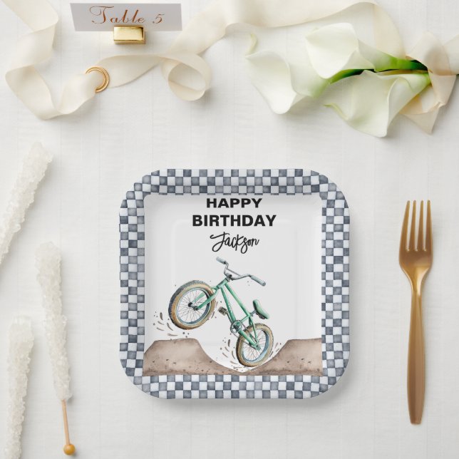 Plato De Papel Cumpleaños de bicicleta de cross verde (Boda)
