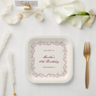 Plato De Papel Cumpleaños de bienvenida floral burgundy antiguo v